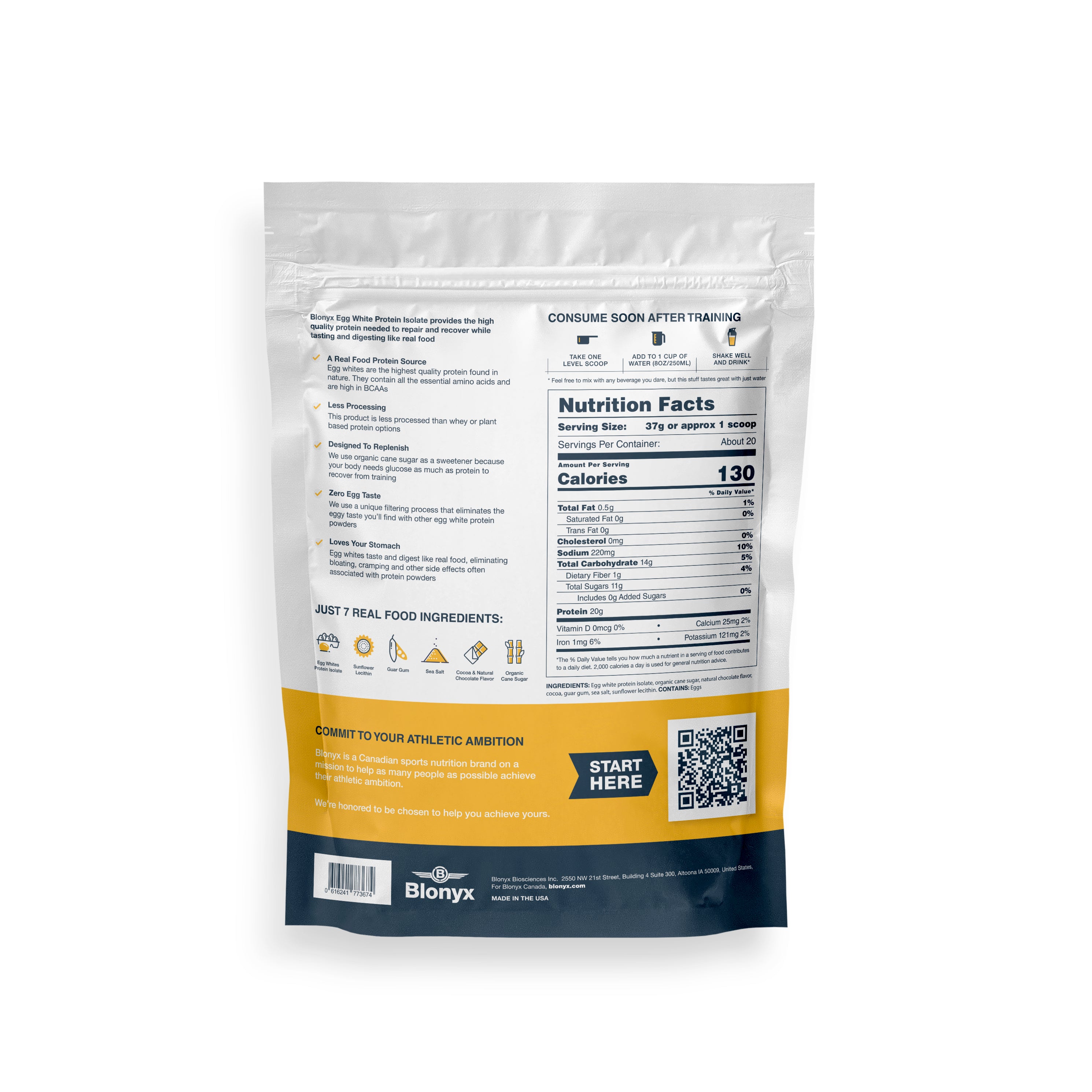 Directions, nutrition facts, and about Egg White Protein Isolate on back of bag