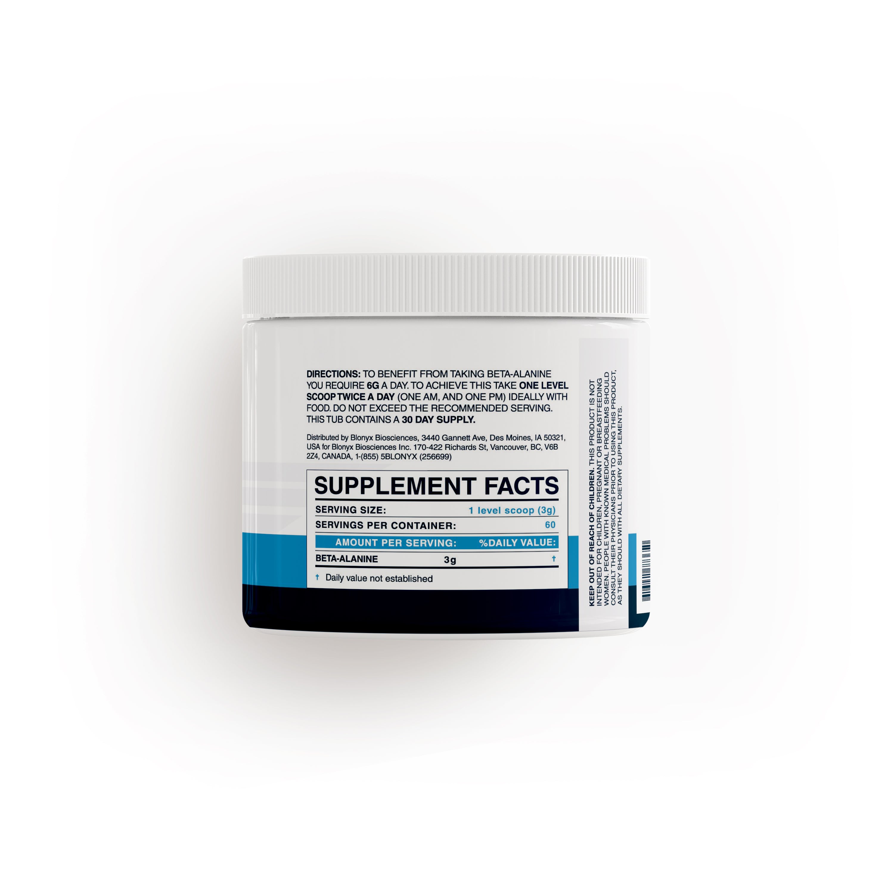 Directions and supplement facts on back of Blonyx Beta Alanine container