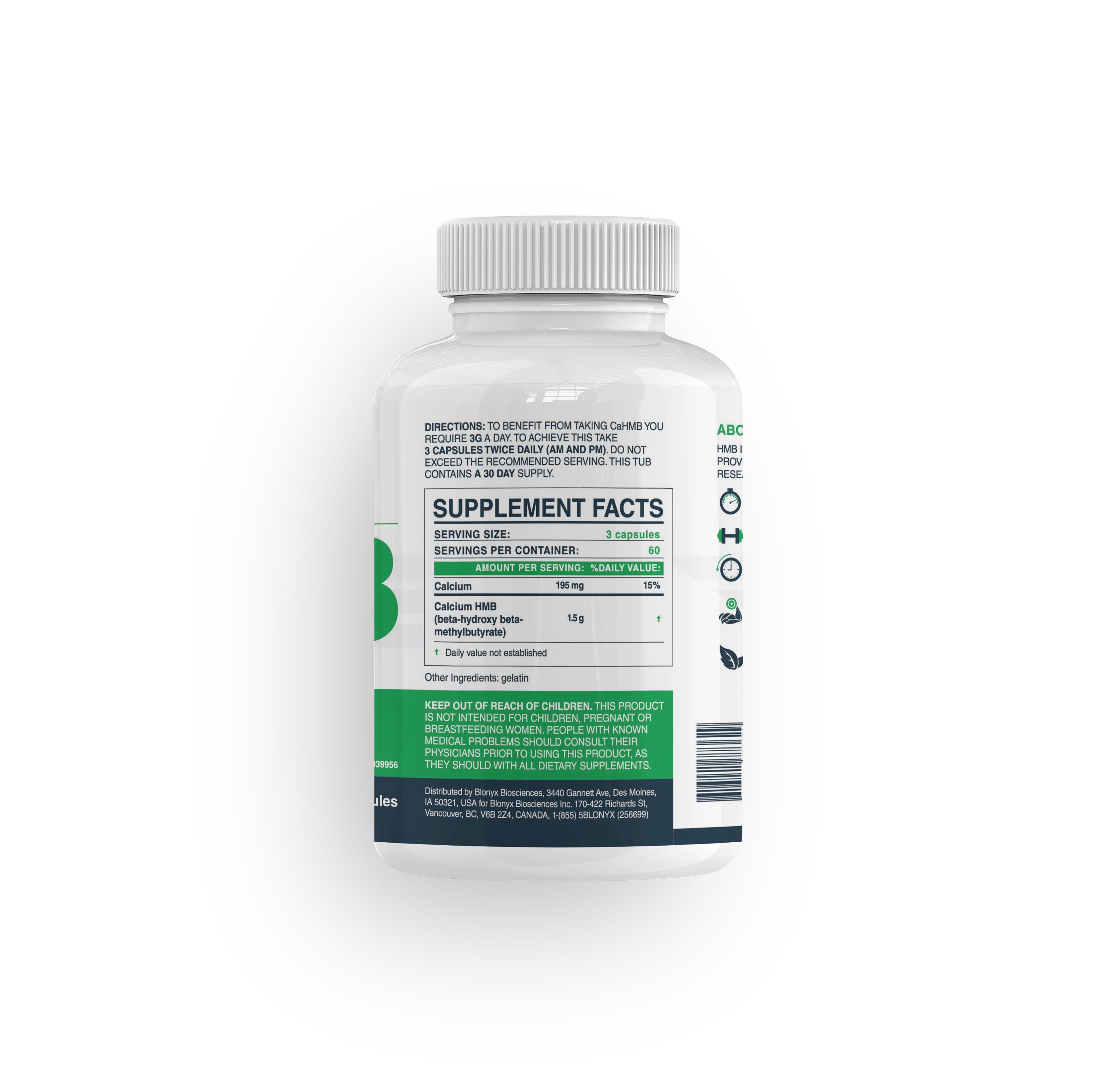 Directions and supplement facts on back of Blonyx HMB Sport bottle