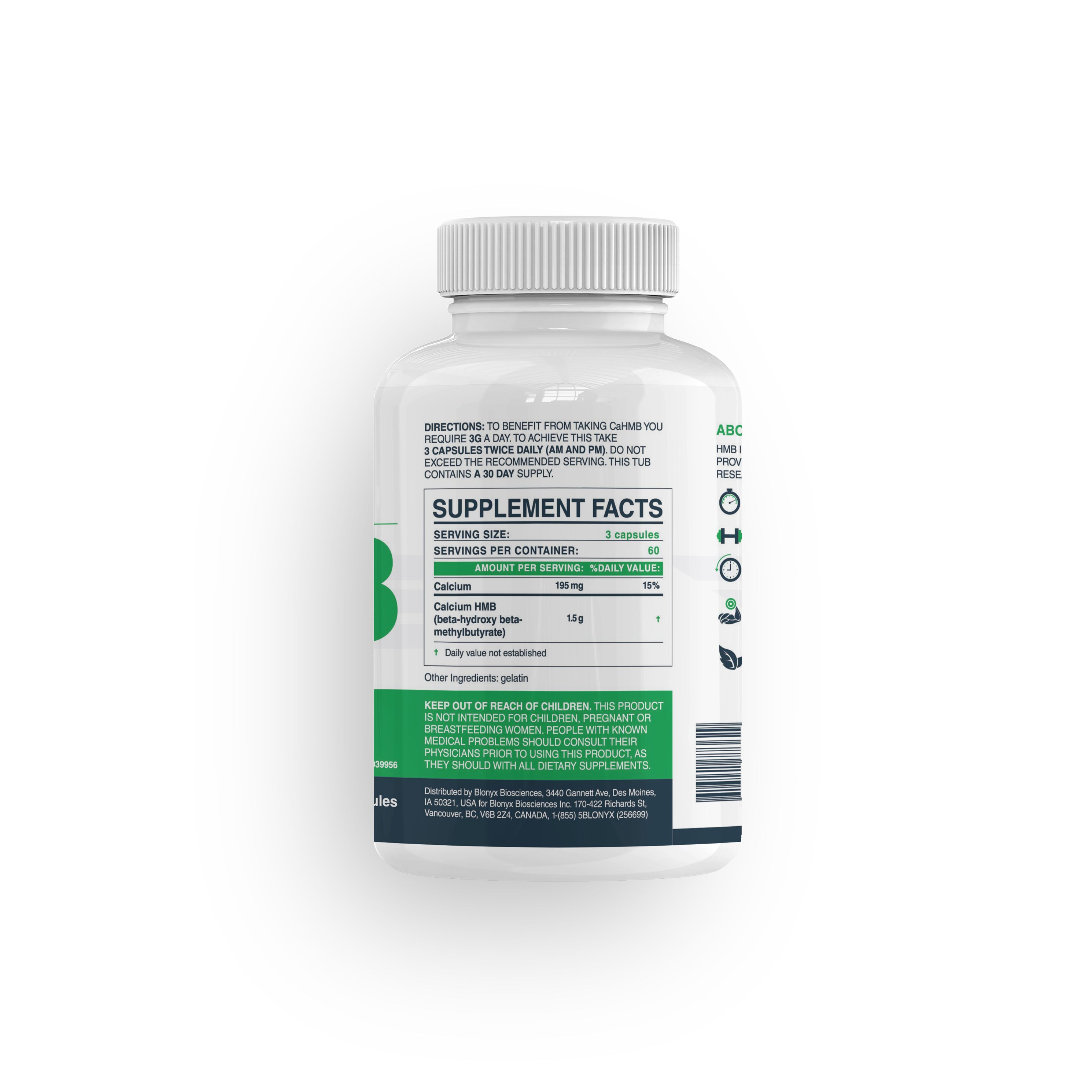 Directions and supplement facts on back of Blonyx HMB Sport bottle