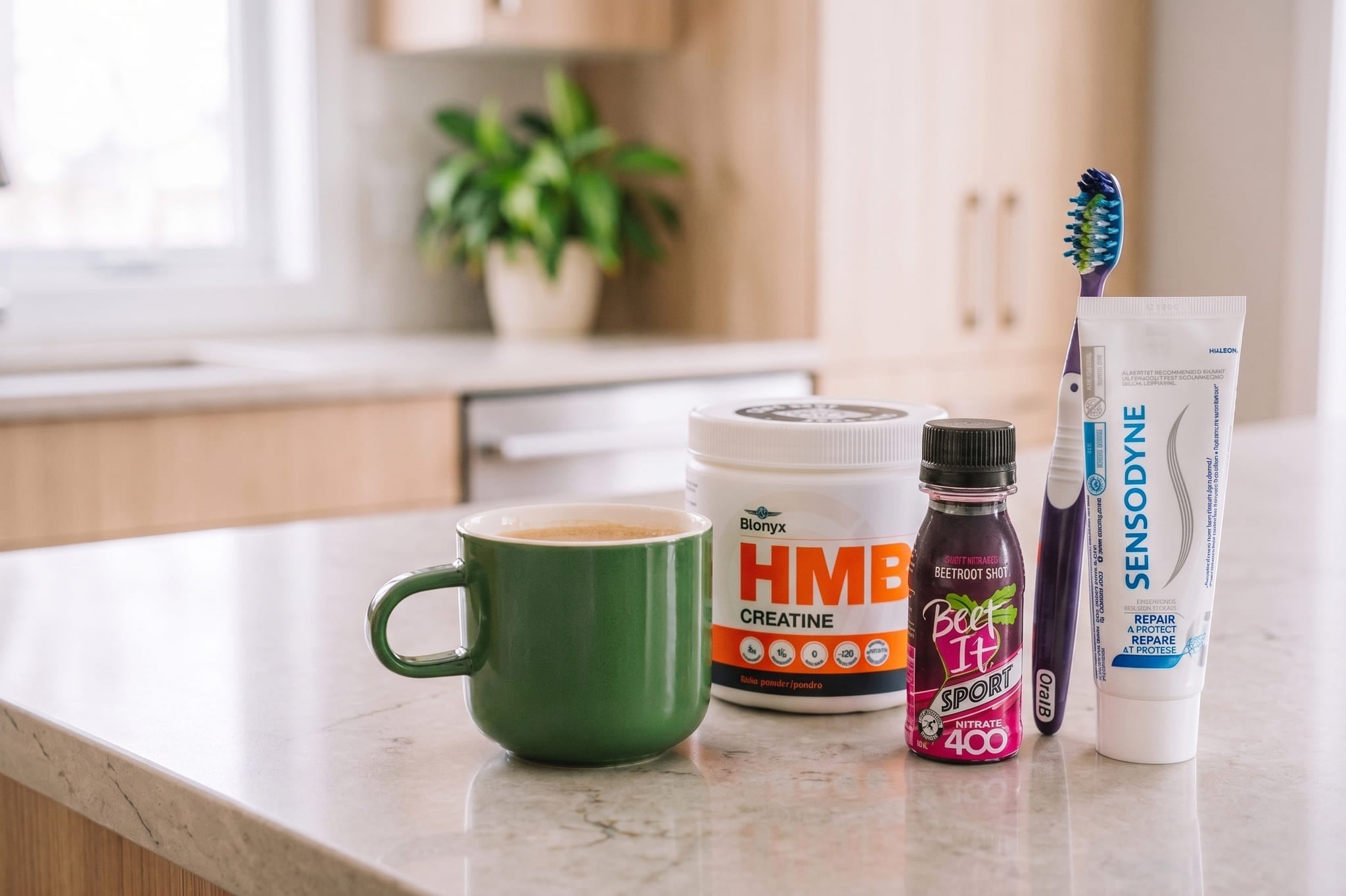 Coffee, Blonyx HMB+ Creatine, Beet It Sport Nitrate 400, and a Toothbrush and Toothpaste