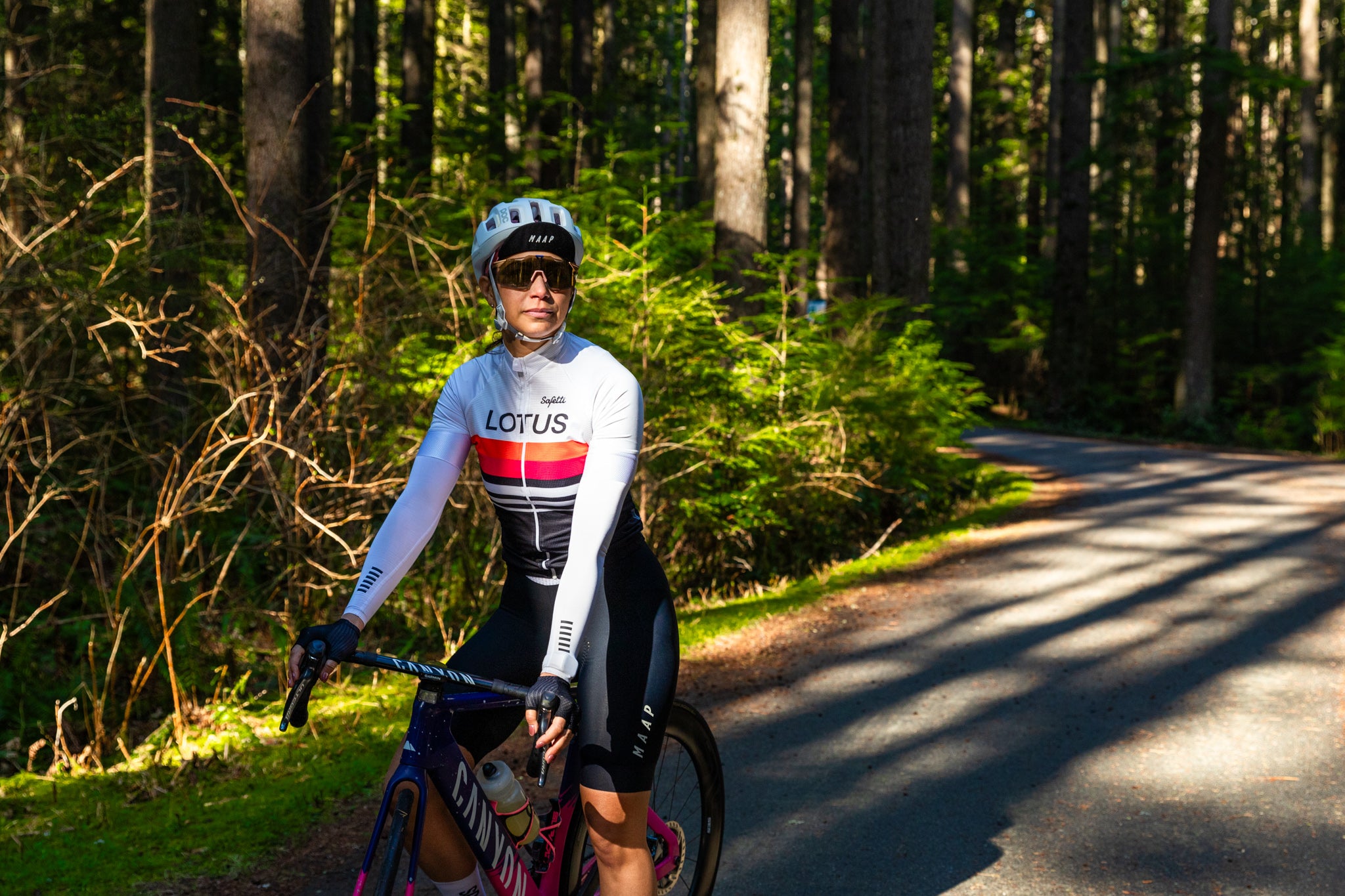 Cyclist riding through the forest