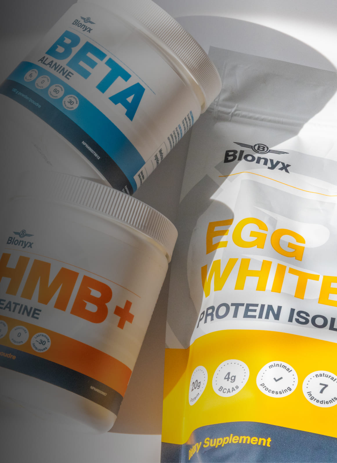 Blonyx HMB+ Creatine, Beta Alanine, and Egg White Protein Isolate placed on a white background.
