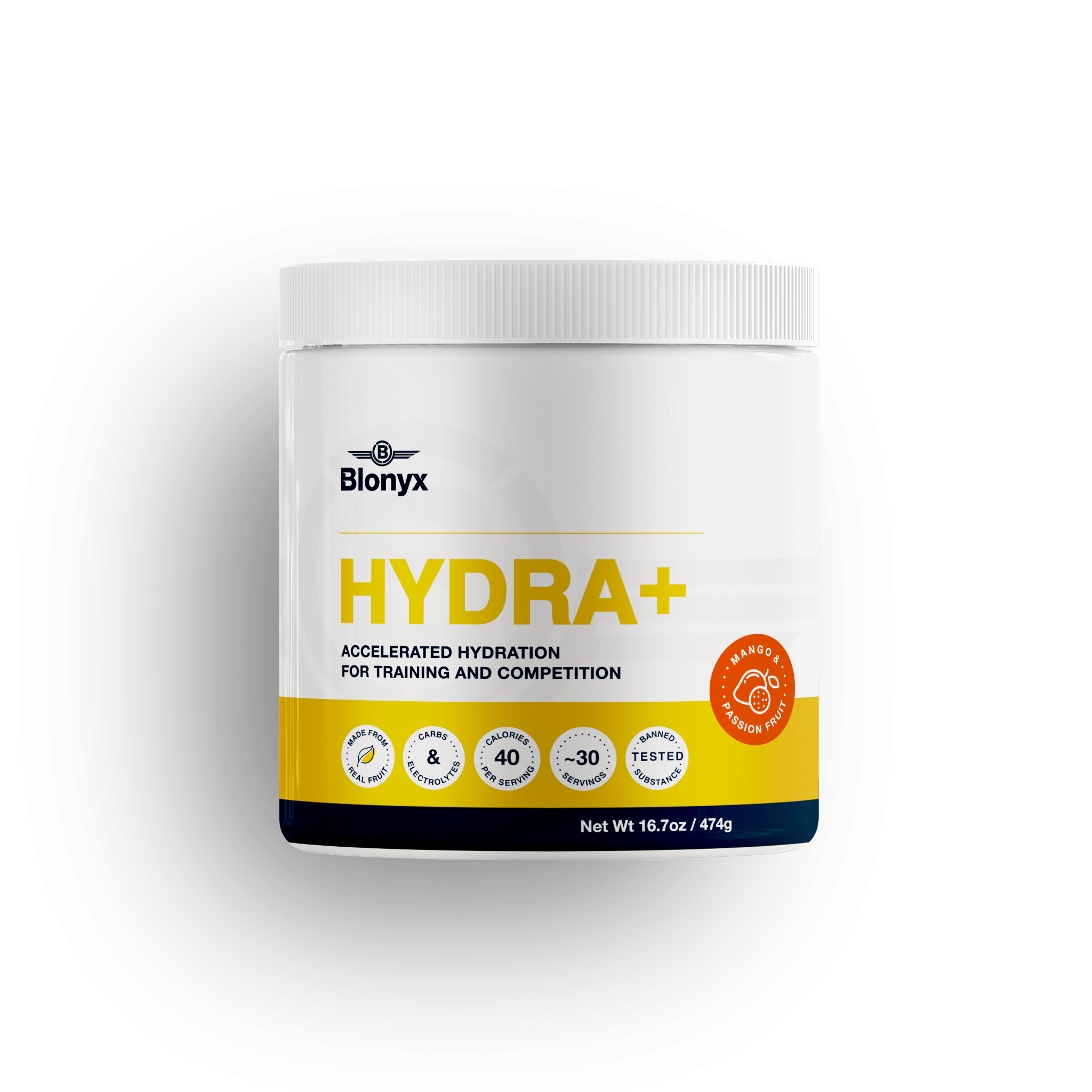 Blonyx Hydra+ supplement container on a transparent background